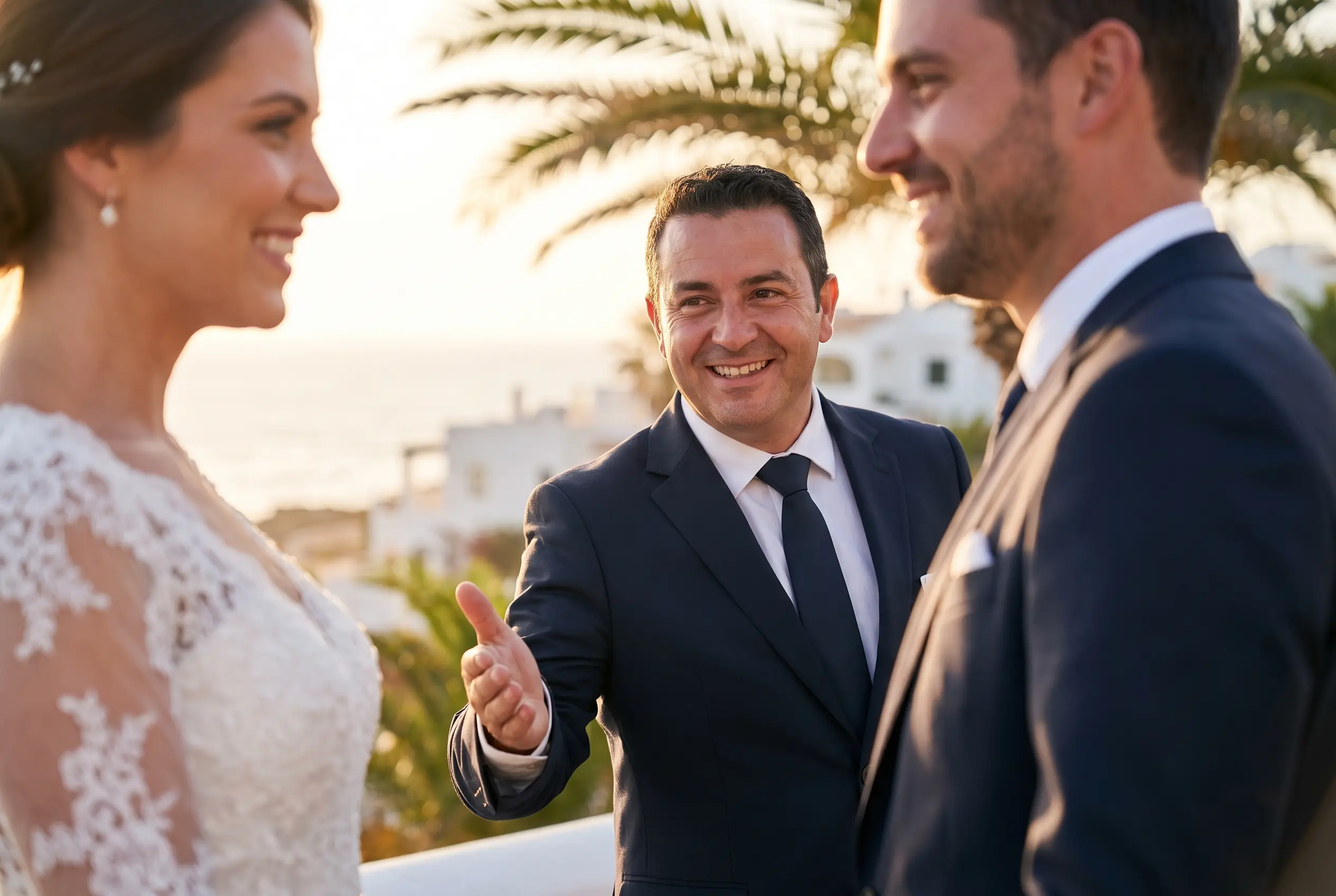 A driver welcoming a bride and groom at a coastal venue.