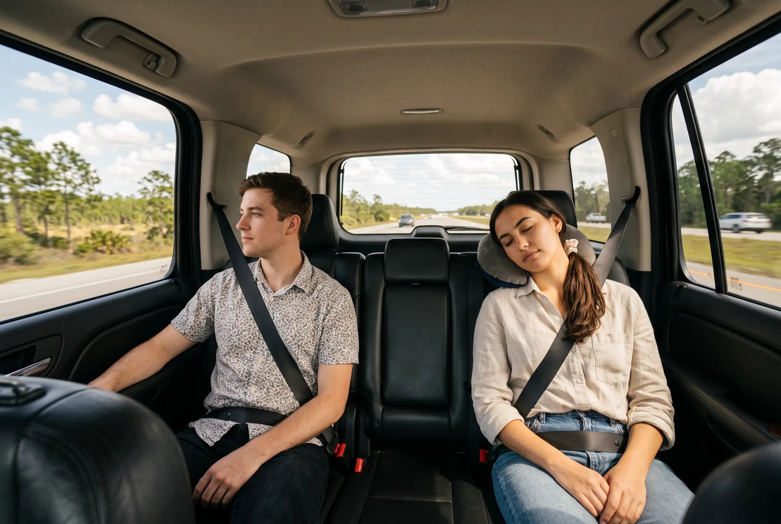 Two passengers relaxing in the back seats on a Florida highway.